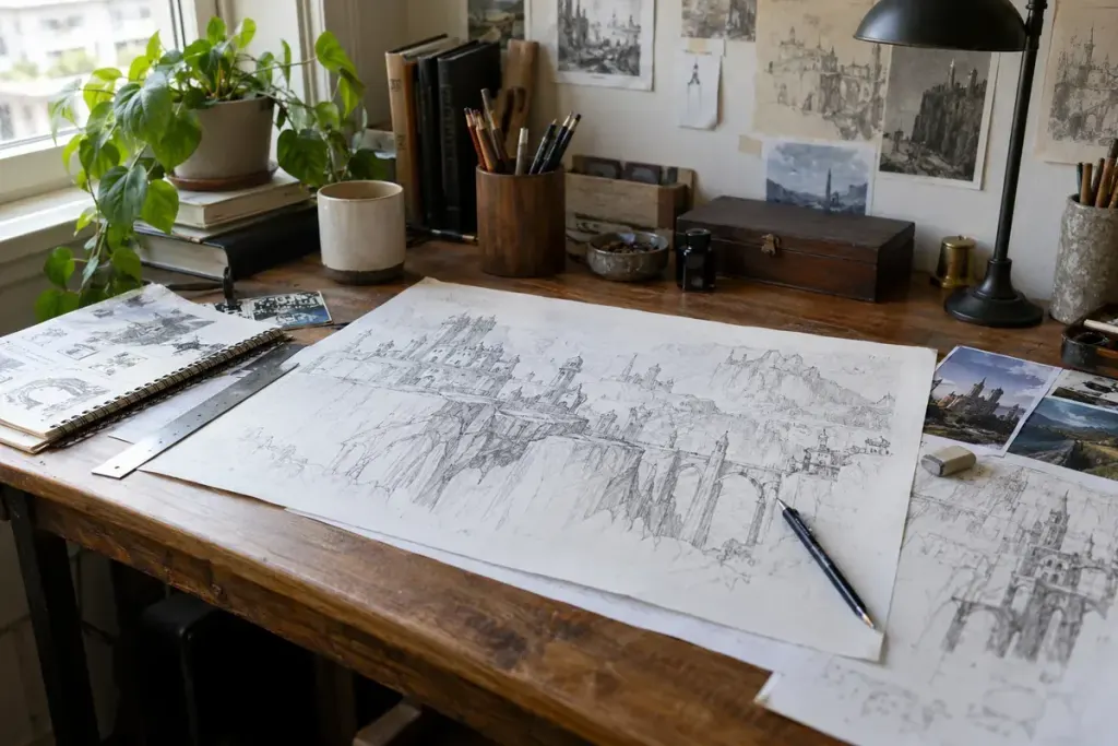 Background sketches of a fictional city spread across an artist desk.