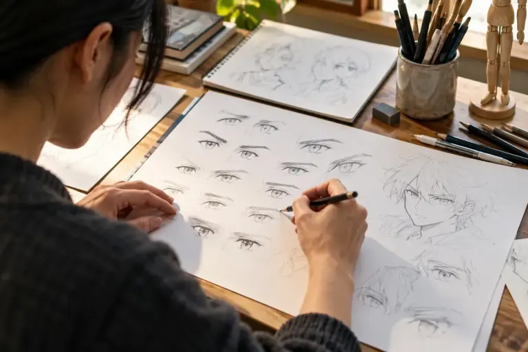 An illustrator sketching original expressive character eyebrows on paper at a desk.