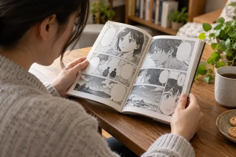 A reader examining speech balloons on a manga page.
