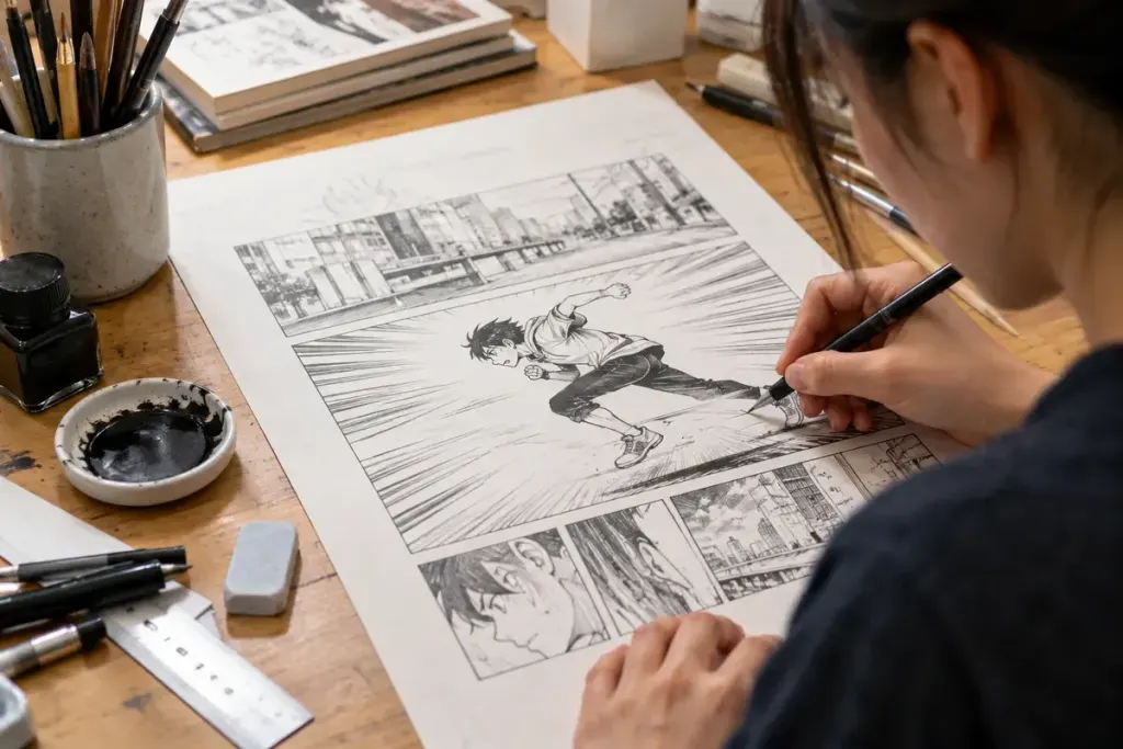An artist drawing an original manga panel with a running figure and directional lines.