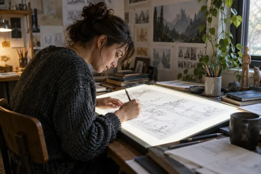 An illustrator working on drawings at a desk.
