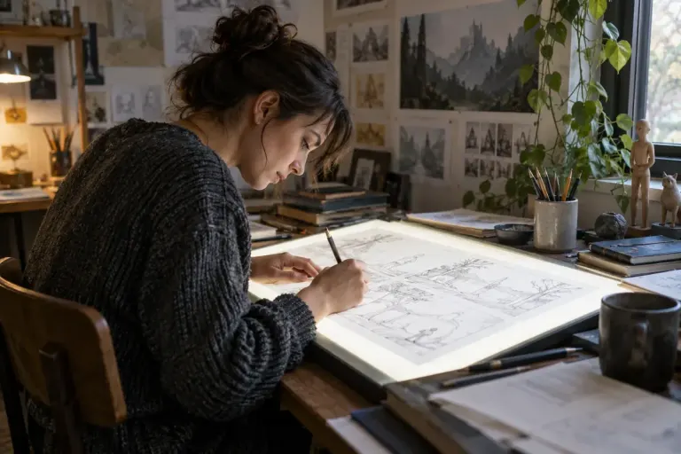 An illustrator working on drawings at a desk.