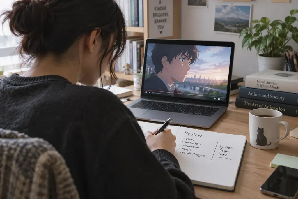 An anime viewer writing a review in a notebook beside a paused laptop screen.