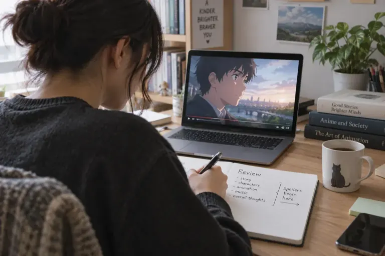 An anime viewer writing a review in a notebook beside a paused laptop screen.