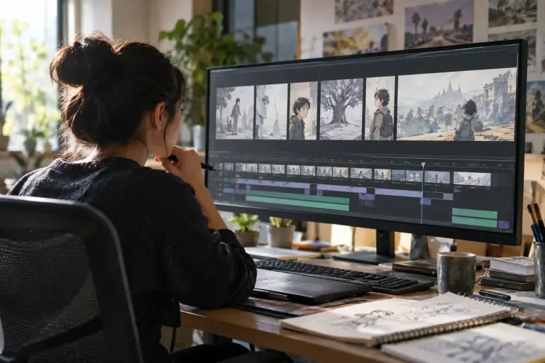 An animator reviewing a timeline of storyboard panels on a studio monitor.