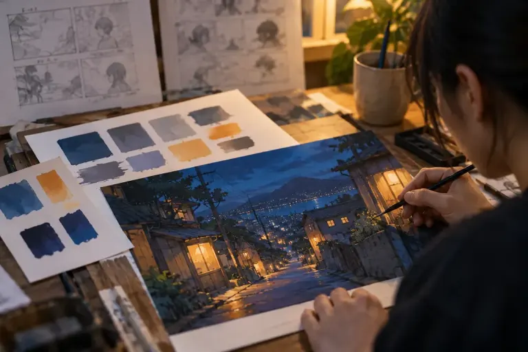 A real animator desk with abstract blue and amber colour swatches and a blurred original storyboard.