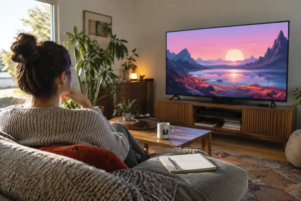 A home viewer watching an abstract colorful animated landscape on television with a notebook nearby.