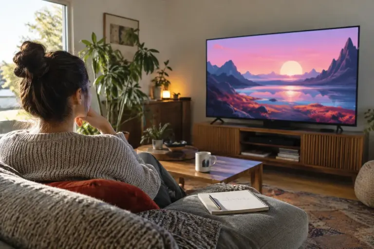 A home viewer watching an abstract colorful animated landscape on television with a notebook nearby.