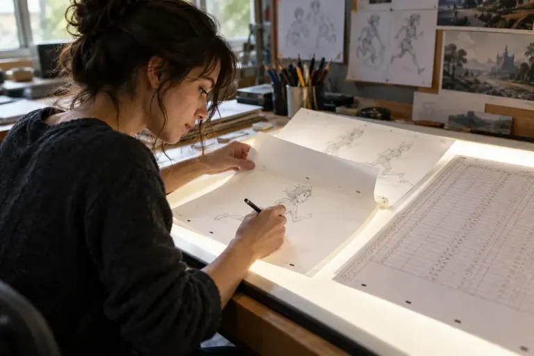 An animator working with drawings and a timing sheet.