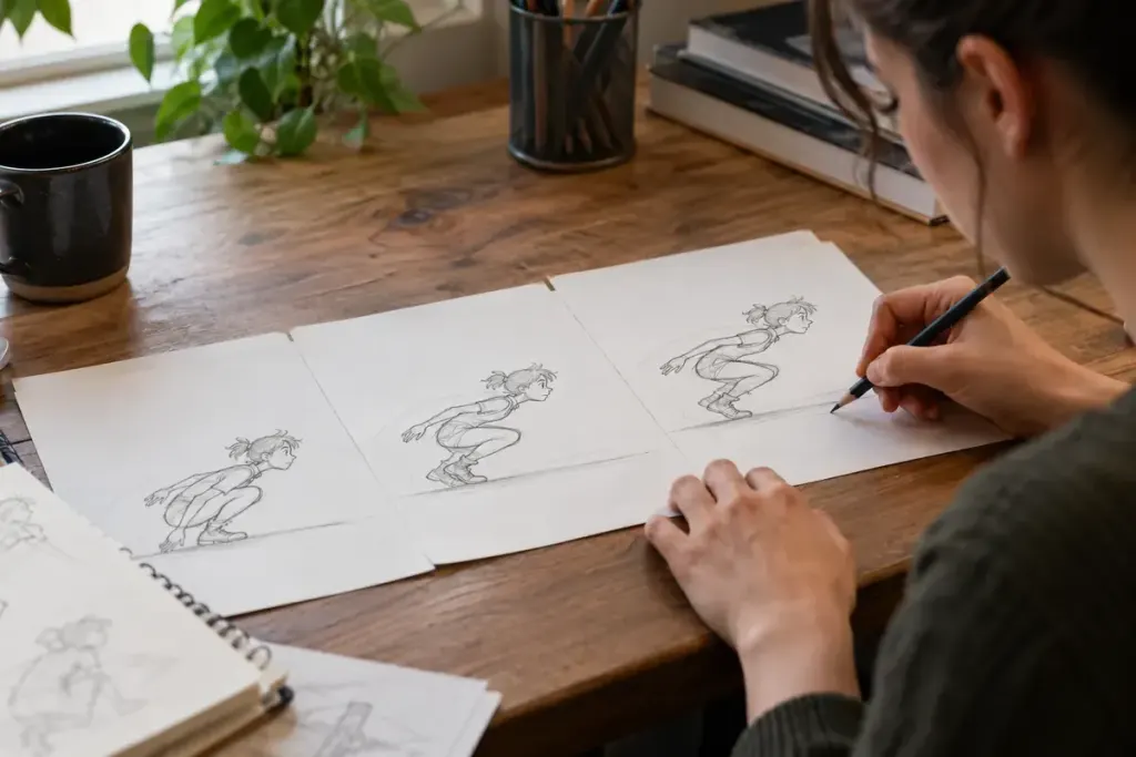 Animator drawing an original character crouching before a jump on three paper frames.