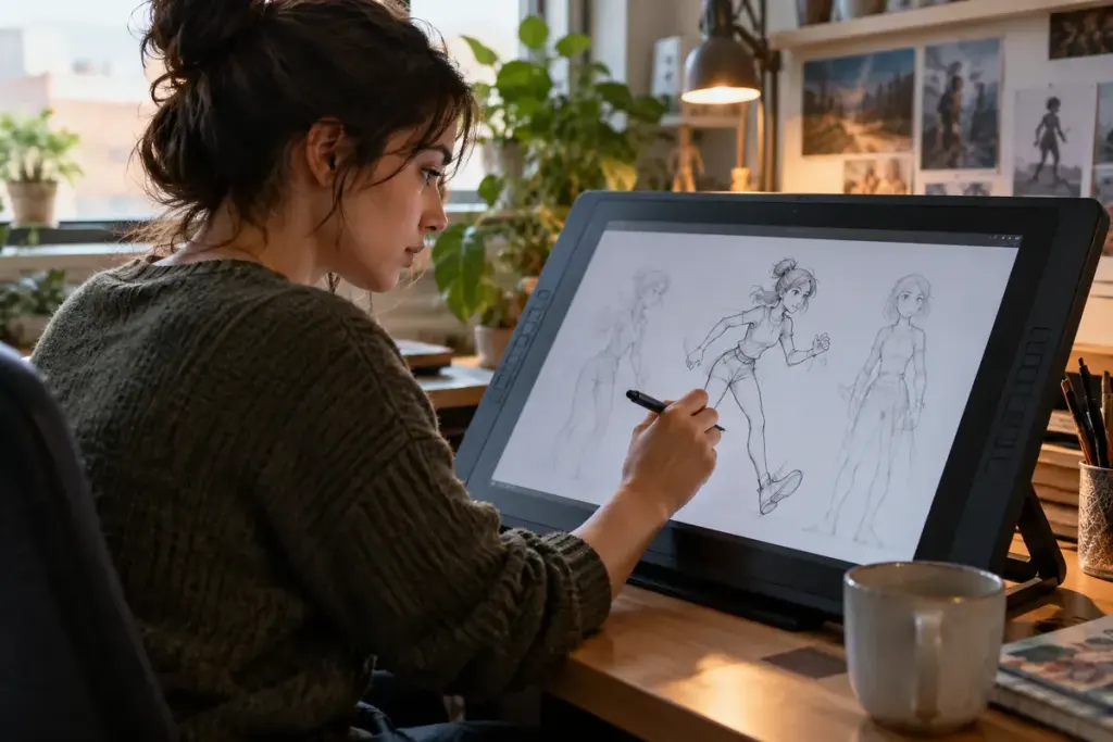 Animator drawing a character pose on a pen display with faint adjacent poses visible.