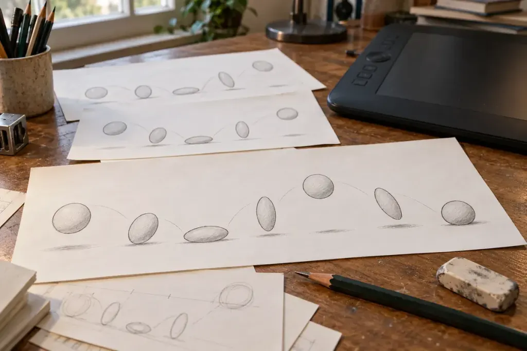 Paper drawings of a ball stretching through an animation movement study.