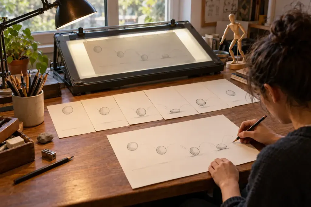 Animator's desk with sequential sketches of a bouncing ball spaced differently, pencils and animation light table, no text.