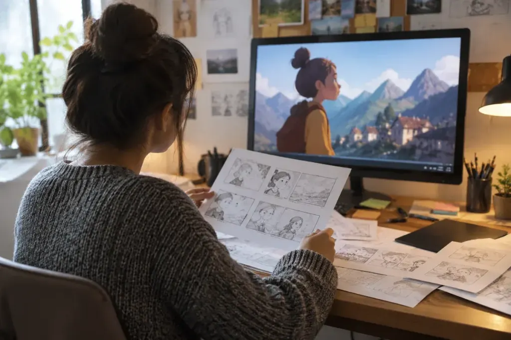 Animation student looking at storyboard sheets and a paused unbranded animation screen, no copyrighted characters.
