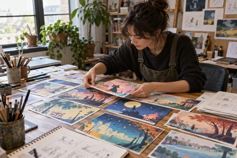 An animator arranging original colourful intermission title-card sketches on a studio desk.