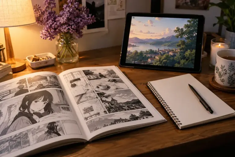 An open original comic beside a notebook and tablet showing an animated landscape.