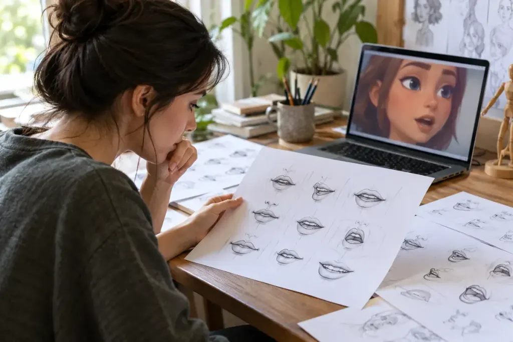 Animator studying a sequence of original character mouth drawings.