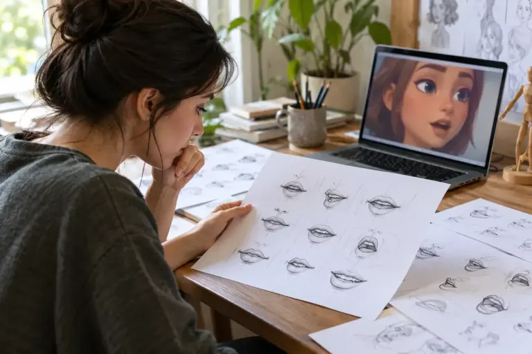 Animator studying a sequence of original character mouth drawings.