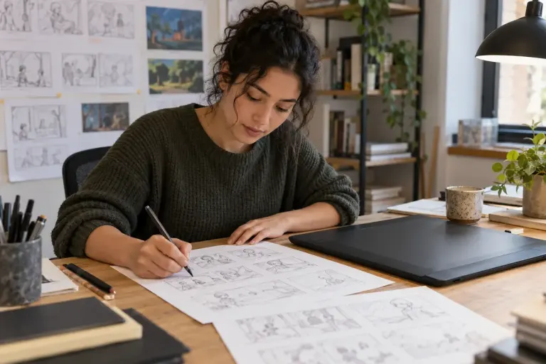 An animator sketching original simple storyboard thumbnails on paper beside a blank drawing tablet.