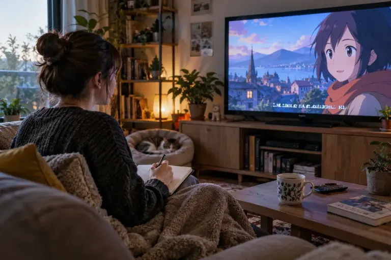 Viewer with notebook watching an original anime-style scene on television with unreadable subtitle shapes, cosy living room.