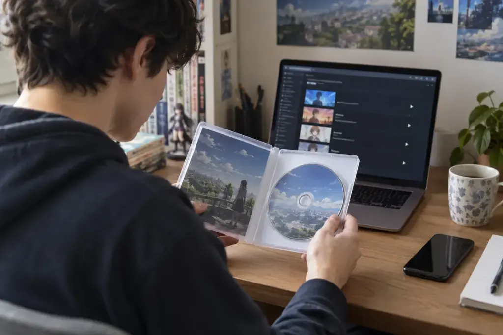 An anime viewer examining an unbranded disc case beside a laptop showing a generic episode list.