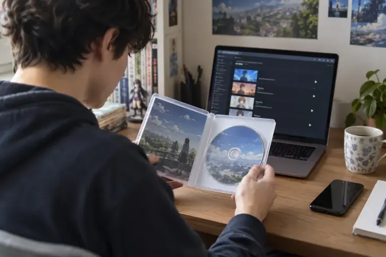 An anime viewer examining an unbranded disc case beside a laptop showing a generic episode list.