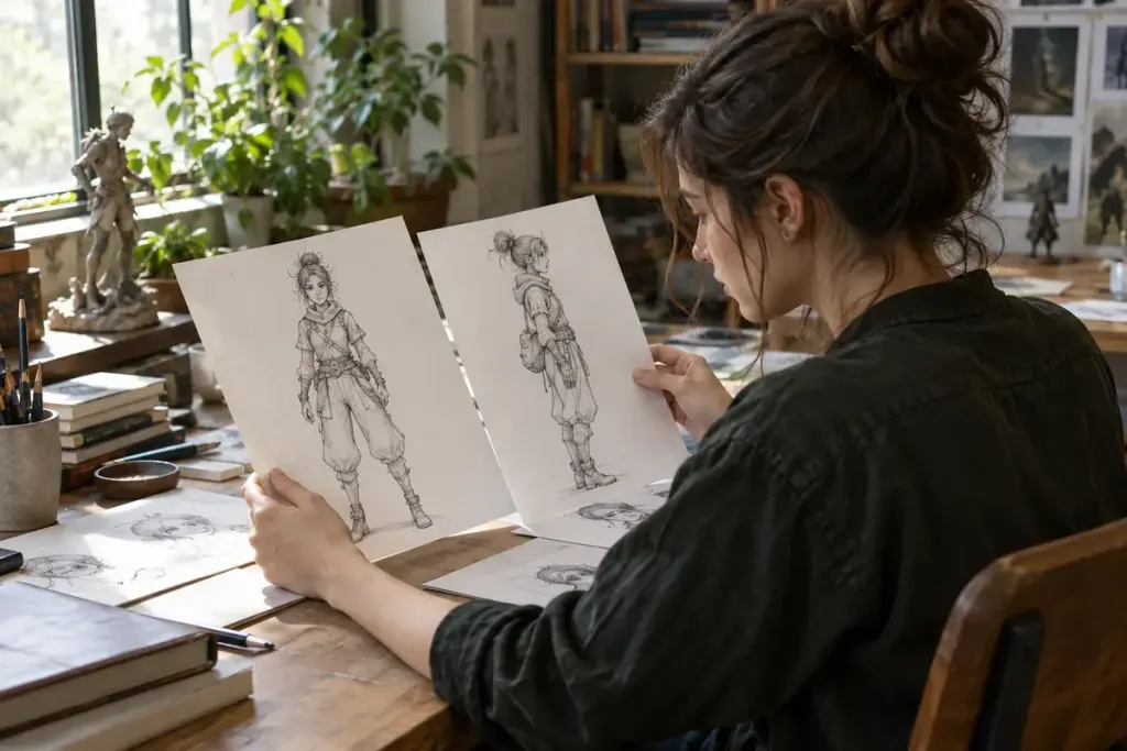 An animation artist comparing front and side sketches of an original fictional character on a studio desk.