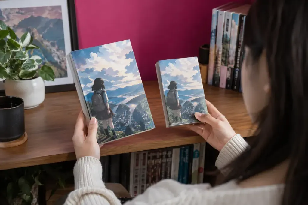 A reader comparing two differently sized manga editions at a table.