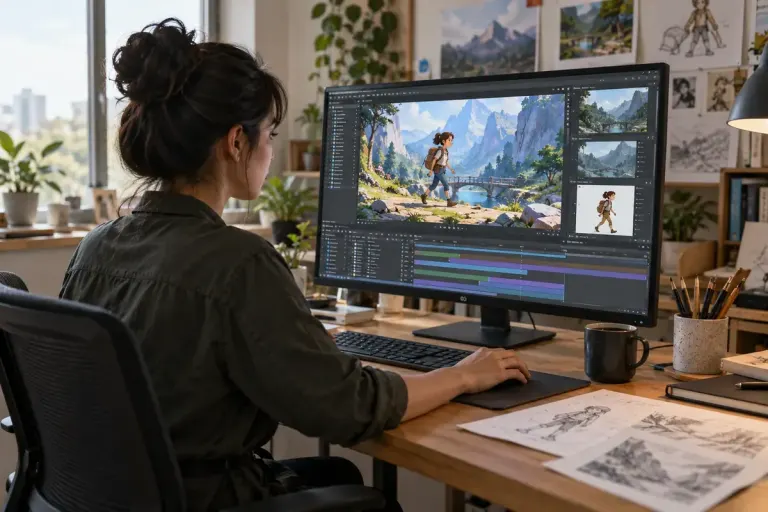An animation compositor working with layered original background and character artwork on a monitor, no existing franchise.