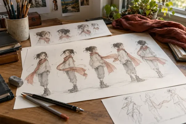 An animator's desk with original character sketches showing a scarf following a turn, no franchise characters.