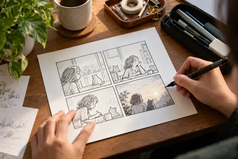 Original fictional four-panel comic strip on desk, no readable text or existing characters.