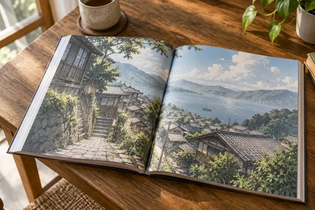 An open unbranded manga-style art book showing a continuous landscape across two pages.