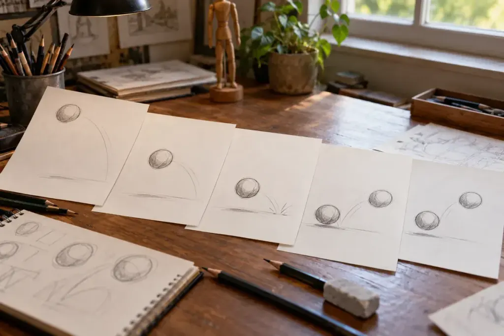 Pencil sketches of a bouncing ball arranged on an animator's desk.