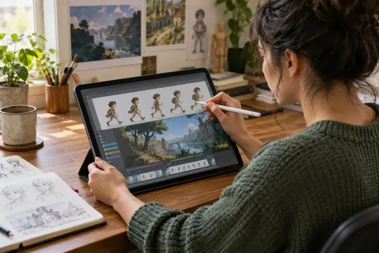 An animator reviewing a sequence of simple original character drawings and layered backgrounds on a tablet.