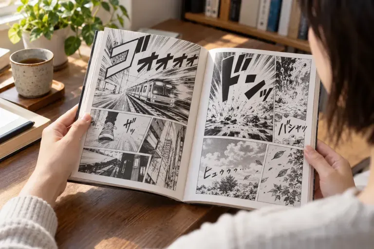 A reader studying an original generic manga page with expressive sound-effect lettering.