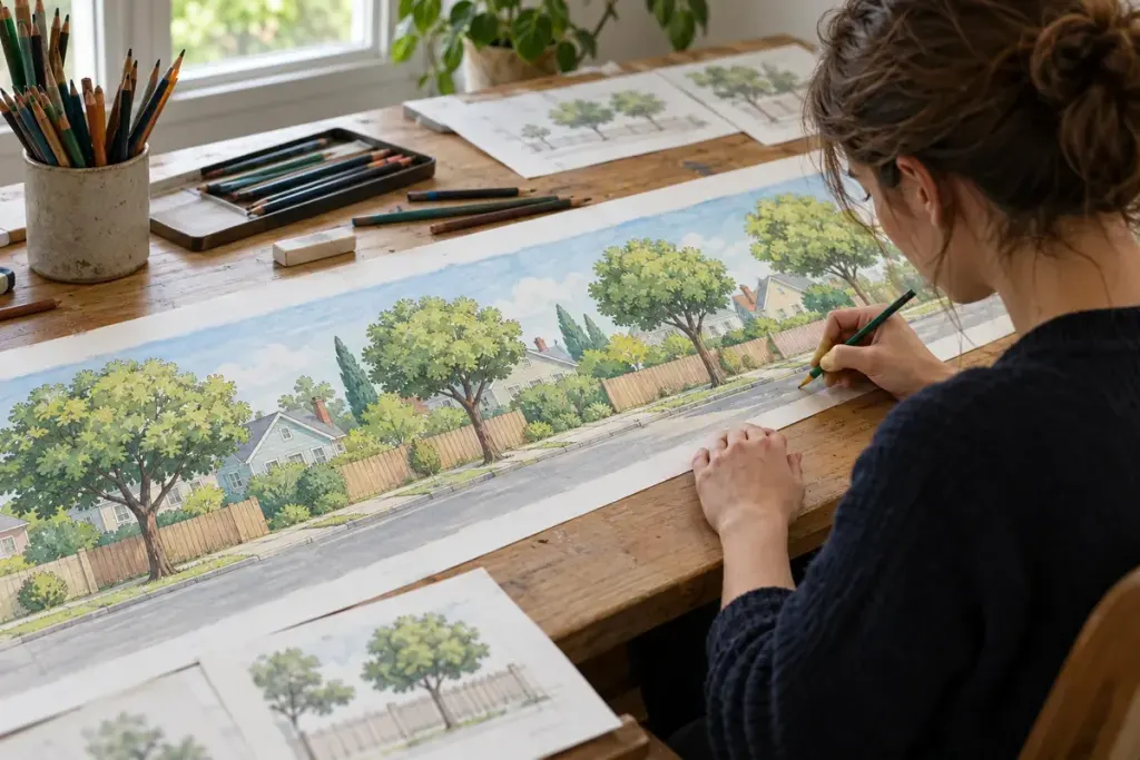 Animation artist drawing a panoramic street background