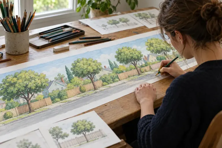 Animation artist drawing a panoramic street background
