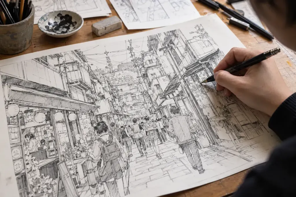 An artist sketching an original manga street scene with overlapping figures and receding shopfronts on paper, close view of hand and drawing, no famous characters, realistic creative studio photo.