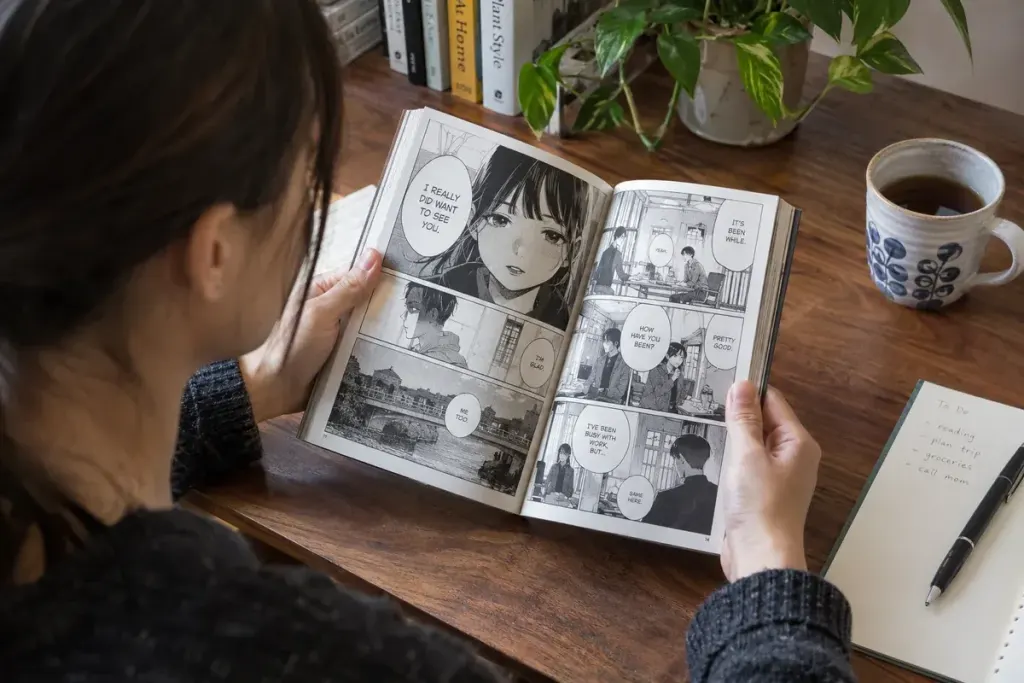 Reader following a black-and-white manga page with original generic panel artwork and speech balloons at a reading desk, printed book not blank.