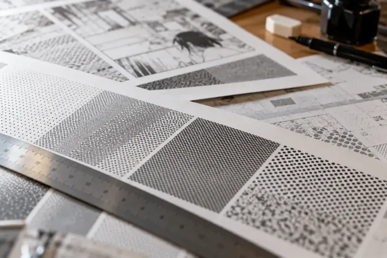 Macro view of black dotted screentone patterns on a manga artist's desk with a ruler.