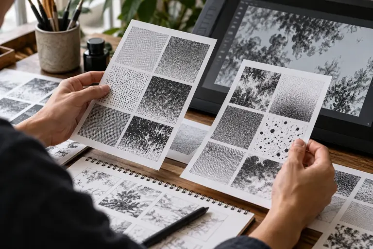 Artist examining black and white manga tone samples beside a drawing tablet.