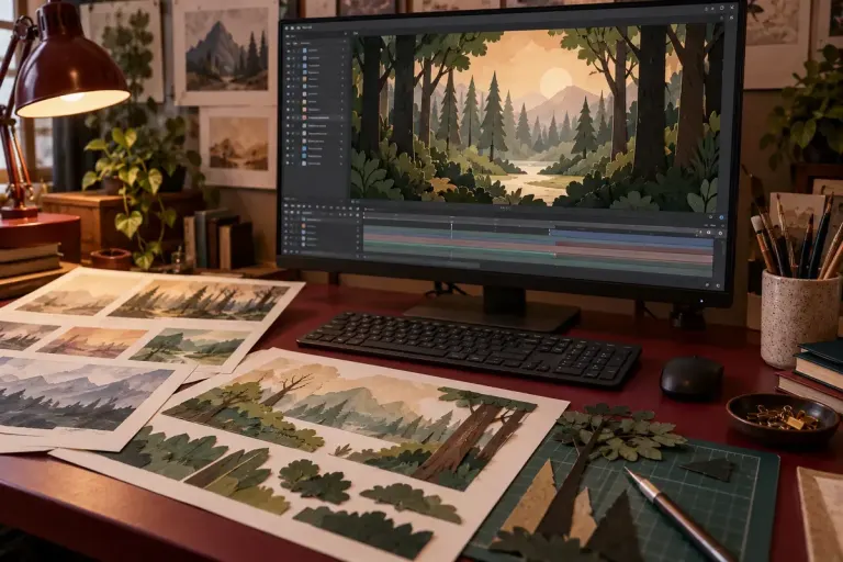 A small animation workstation showing original layered forest artwork on a screen with paper background studies nearby.