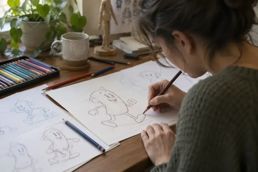 An animator drawing a simple flour-sack character on paper at a desk with coloured pencils.