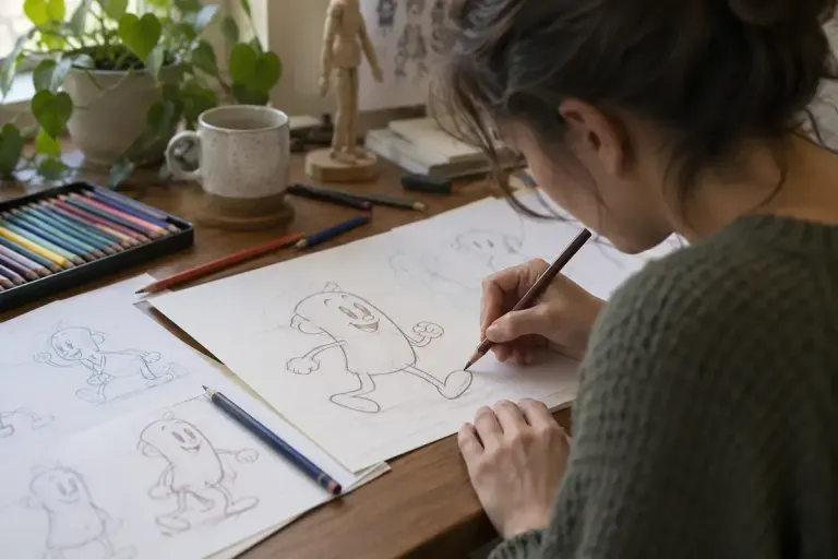 An animator drawing a simple flour-sack character on paper at a desk with coloured pencils.