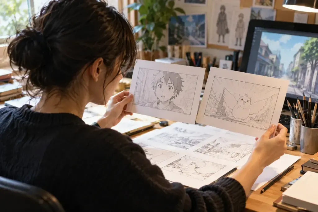 An animator examining two distinct storyboard panels at a studio desk, original abstract character sketches without readable text.
