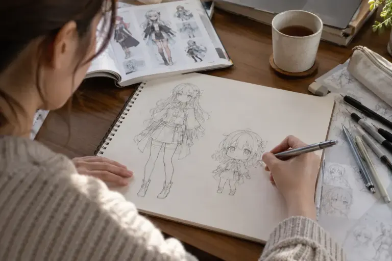 A manga artist sketching two original character proportions on paper, one normal and one simplified chibi.